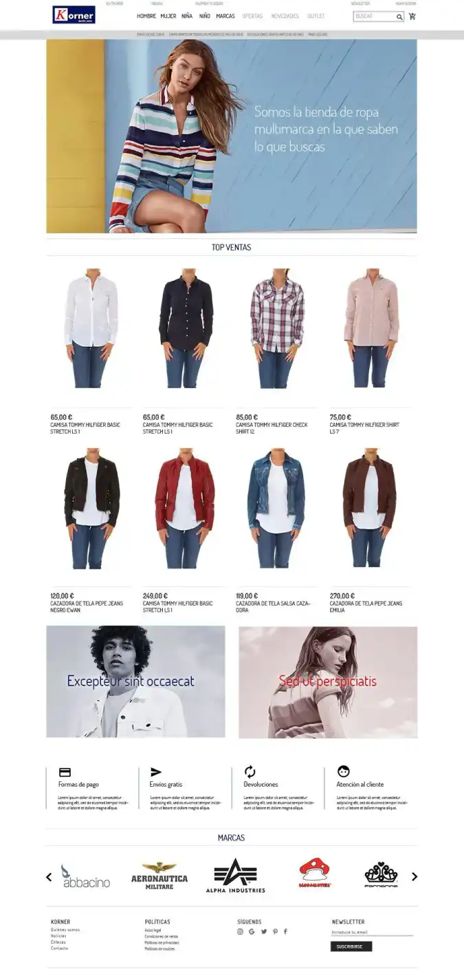 Página de inicio de sitio web e-commerce de ropa casual para dama y caballero.